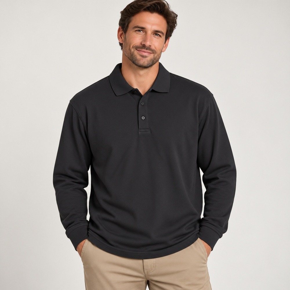 SDI Polo Shirt Mens XXL Black Long Sleeve 100% Cotton Pique Solid 320 NWT
